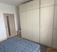 A bedroom with a bed, wardrobe, and wooden decor flooring in a two-room apartment.