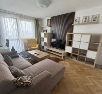 Living room in a two-room apartment with a wood-patterned floor, sofa, and TV cabinet.