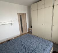 Bedroom with a large wardrobe and wooden decor flooring in a 2-room apartment.