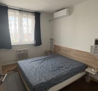 Bedroom in a two-room apartment with carpets on the floor with a wooden decor.