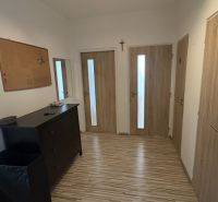 A hallway with wooden doors and a chest of drawers in a 2-room apartment, flooring with a wooden decor.