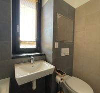 A bathroom with a sink, toilet, and window in a 2-room apartment.