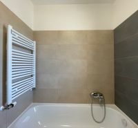 Bathroom in a 2-room apartment with a bathtub and combined beige-gray tiles.