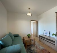 Living room with wood-patterned flooring, green sofa, and wooden furniture in a two-room apartment.