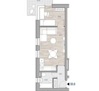 Floor plan of a 2-room apartment with wood-patterned flooring and a balcony.