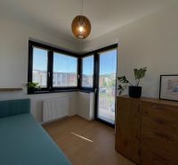 A room in a 2-room apartment with a bed, a dresser, and a floor with a wood decor.