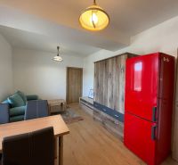 Living room in a two-room apartment with a wooden decor floor and a red refrigerator.
