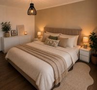 Cozy bedroom in a family house with a wooden decor floor, soft lighting, and decorations.