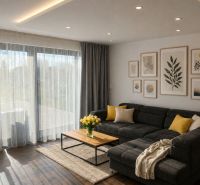 Living room of a family house with a sofa, decorative paintings, and a wooden-patterned floor.