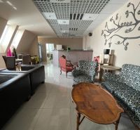 Gastro premises with a wooden decor floor, chairs, and a wall with decoration.