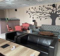 Gastro premises with leather armchairs, patterned sofas, and wall decorations.