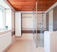 A bathroom in a family house with a shower and a wooden ceiling.