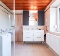 A bathroom in a family house with a wooden ceiling, a shower corner, and a white sink.