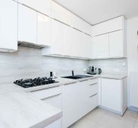 A kitchen in a family house with a counter, appliances, and white cabinets.