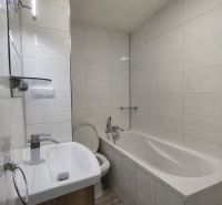 Bathroom with shower and bathtub in a studio apartment, bright ceramic tiles.