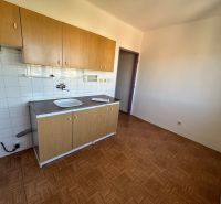 A kitchen in a 2-room apartment with a wooden decor floor and a kitchen unit.