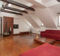 Loft living space in a 3-room apartment with a red sofa and a wooden decor floor.