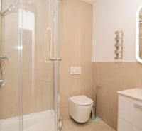 A bathroom in a 3-room apartment with a shower and a toilet.