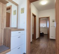 A spacious hallway with furniture and wooden decor flooring in a family house.