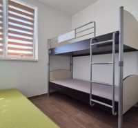 Bunk bed and green sofa in a family house with a wooden decor floor.