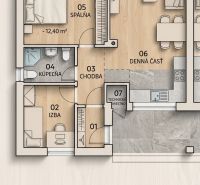 Floor plan of a family house with a bedroom, bathroom, and living area. Wooden floor decor.