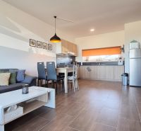 Living room and kitchen in a family house with wood-patterned flooring and a gray sofa.