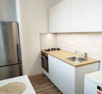A kitchen in a studio apartment with a stainless steel refrigerator and a cooktop.