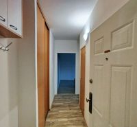 A hallway with a wooden decor floor in a 1-room apartment with white doors and cabinets.