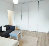 A room in a one-bedroom apartment with a sofa, a table, and a wooden decor floor.