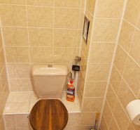 A toilet with tiles and a toilet brush in a 3-room apartment.