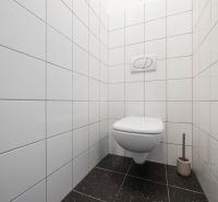 A toilet with white tiles and a black floor in a two-room apartment.