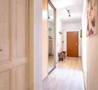 A hallway in a 3-room apartment with a wooden decor floor and a mirrored wardrobe.