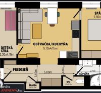 Floor plan of a 3-room apartment with a bedroom, children's room, and living room with kitchen.