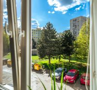 View from the window on Krivá in Košice - Juh district, with a parking lot and greenery.