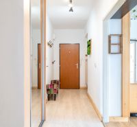 Entrance hallway in a 3-room apartment with a wood-patterned floor and coat hooks.