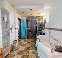 A bathroom with a corner bathtub, glass tiles, and a sink in a family house.