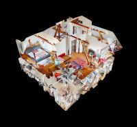 3D floor plan of a family house with three bedrooms and a wooden decor floor.