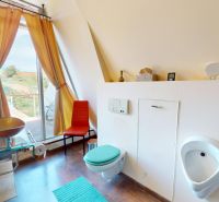 A bathroom in a family house with a sink, a wall-mounted toilet, and a view through a large window.