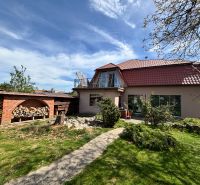 A family house in Veľké Chlievany with a well-maintained garden and a wooden shelter for wood.