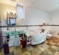 A bathroom in a family house with a bathtub, shower, and washing machine.