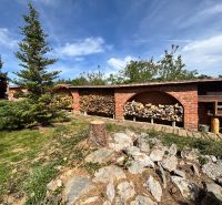The garden of a family house in Veľké Chlievany with a woodshed and coniferous trees.