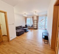 Living room in a three-room apartment with a sofa and a wooden decor floor.