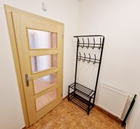 A hallway in a 3-room apartment with a coat rack, wooden doors, and a radiator.