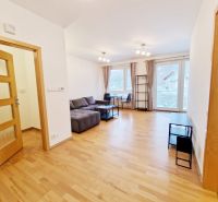 Living room in a three-room apartment with a wooden decor floor and a sofa.