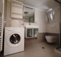 Bathroom in a family house with a washing machine, sink, shower, and toilet.