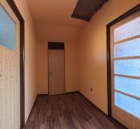 A hallway in a family house with a wooden decor floor and glass doors.