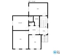 Floor plan of the first floor of a family house with a kitchen, bathroom, toilet, and pantry.