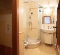 A bathroom with a corner shower and a sink in a family house.