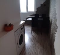 Dining area with wood-patterned flooring, a washing machine, and an interesting wall in a 2-room apartment.