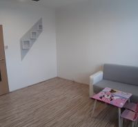 Living room in a two-room apartment with a wooden decor floor and children's furniture.